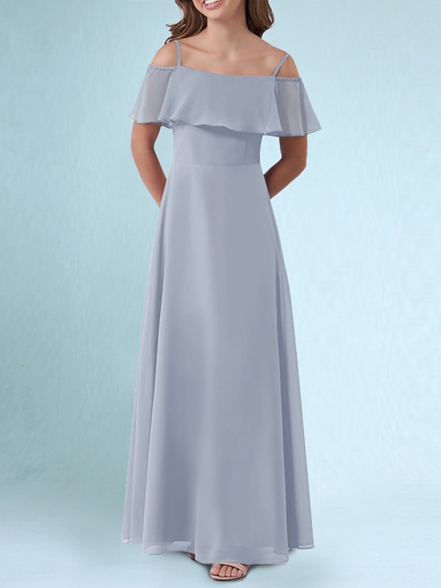 Off-the-shoulder Chiffon Junior Bridesmaid Dresses Slate Blue