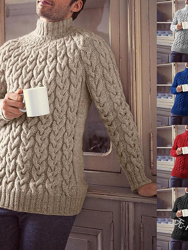 Men's Turtleneck Sweater Pullover Ribbed Knit Cropped Knitted Solid Color Turtleneck Keep Warm Modern Contemporary Work Daily Wear Clothing Apparel Winter Spring &  Fall Blue Beige S M L / Weekend