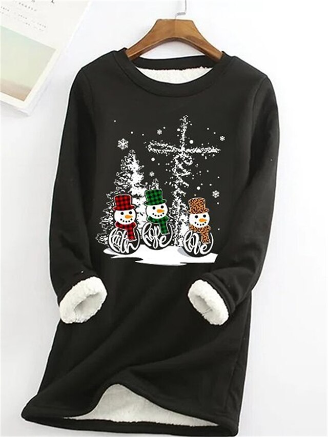 Women's Fleece Lined Pullover Sweatshirt Pajamas Pullover Sweatshirt Snowman Christmas Warm Fuzzy Long Sleeve Round Neck Crewneck Regular Tops Christmas Casual Black Blue Gray Fall & Winter3