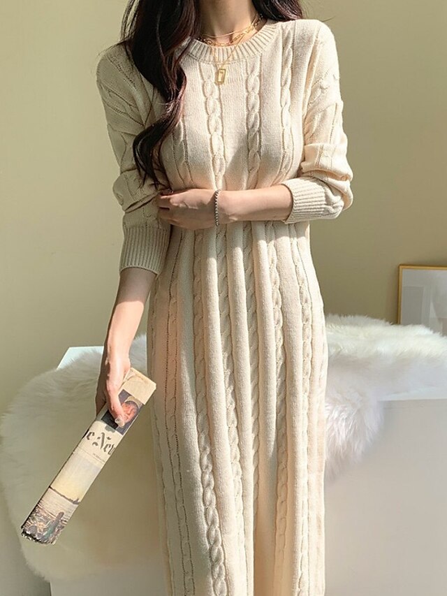  Women's Sweater Dress Winter Dress Casual Dress Midi Dress Apricot Black Long Sleeve Pure Color Knit Winter Fall Crew Neck Stylish Casual Fit 2022 One-Size Winter Dress