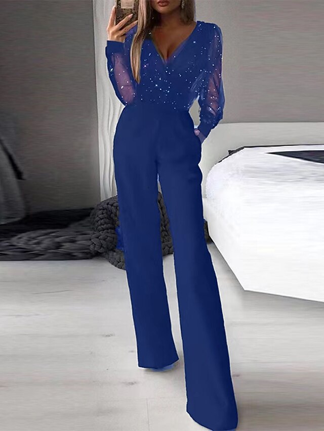 Women‘s Jumpsuit for Special Occasions Mesh Sequin Solid Color V Neck