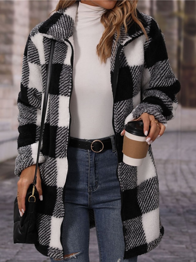  Women's Sherpa jacket Fleece Jacket Teddy Coat Outdoor Daily Wear Vacation Going out Warm Breathable Single Breasted Pocket Print Comfortable Street Style Plush Shacket Turndown Regular Fit Plaid