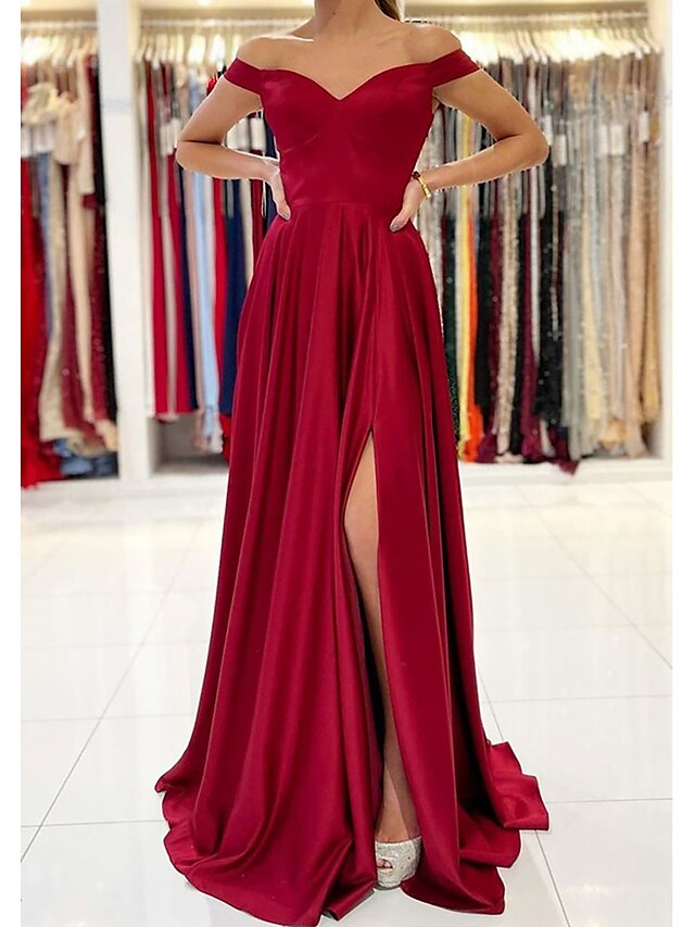 A Line Evening Gown Sexy Dress Formal Wedding Guest Floor Length Sleeveless Off Shoulder Stretch 7515