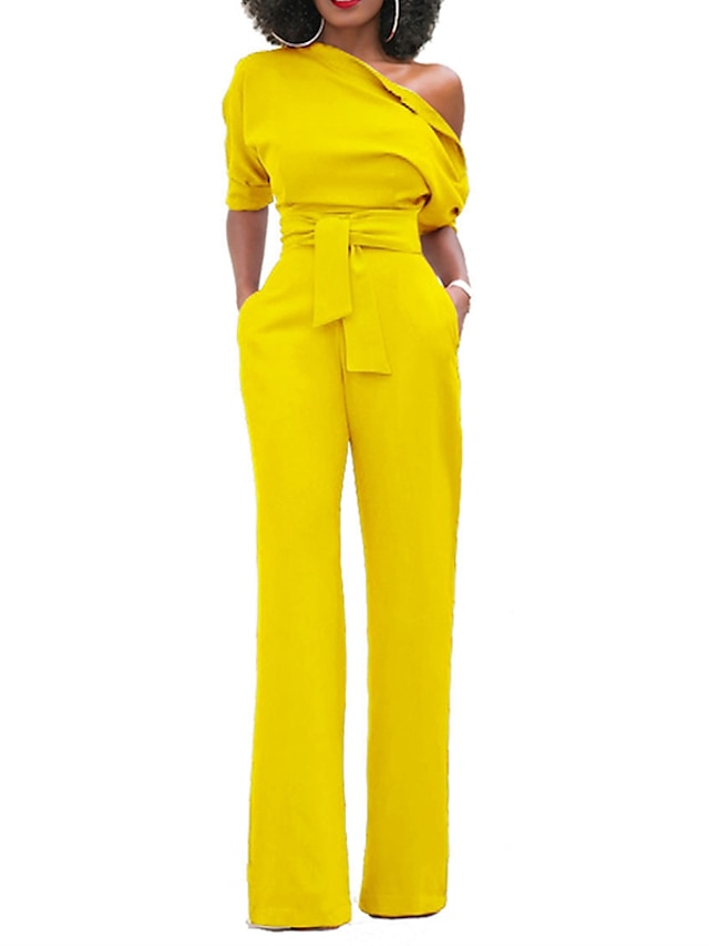  Women's Normal Jumpsuit Elegant Solid Color Half Sleeve One Shoulder Pocket High Waist Wedding Party Regular Fit Black White Yellow Fall