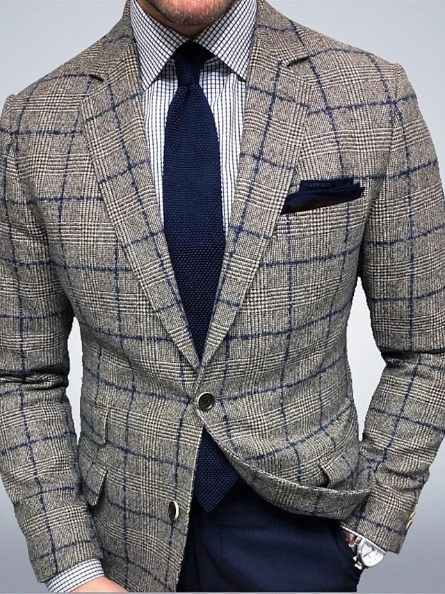  blazer scozzese da uomo vestibilità sartoriale regolare a quadri monopetto due bottoni marrone grigio 2024