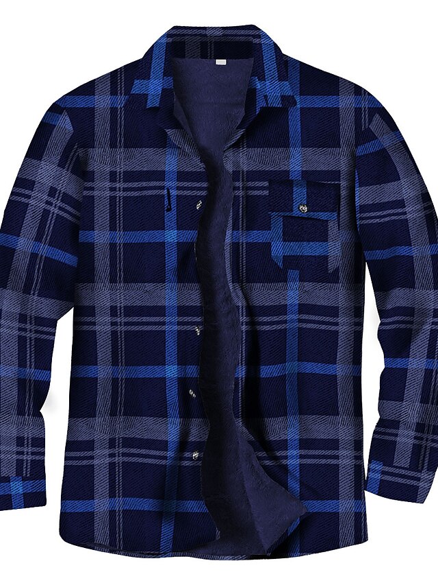  Men's Flannel Shirt Solid Color Turndown Navy Blue Street Daily Long Sleeve Button-Down Clothing Apparel Fashion Casual Comfortable