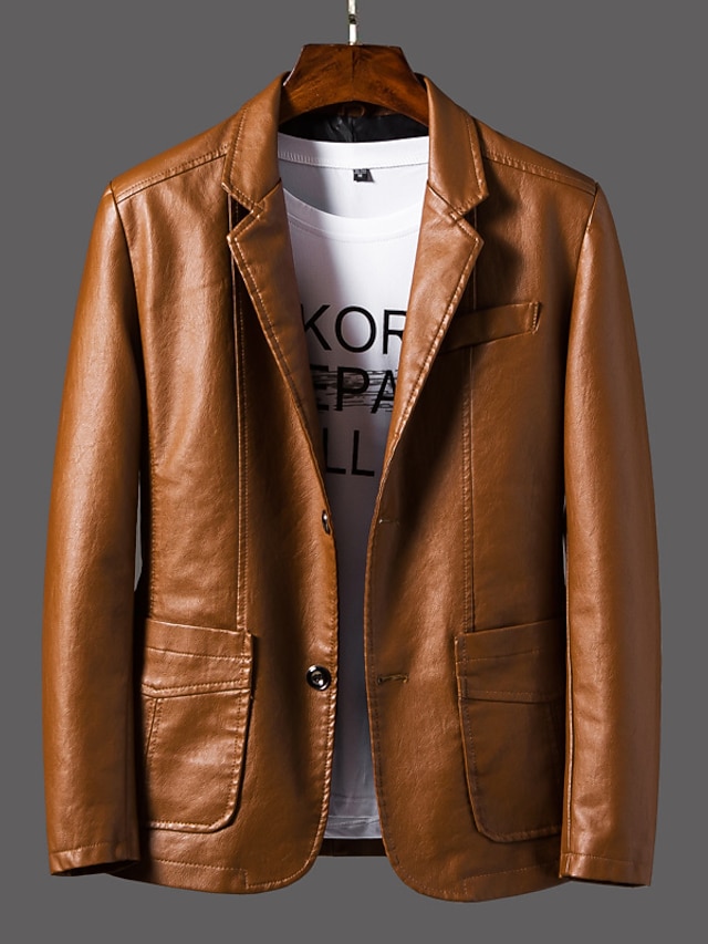  Hombre Chaqueta de cuero sintético Oficina y carrera Ropa Cotidiana Templado Bolsillo Abotonar Primavera & Otoño Color sólido/liso Elegante Calentadores Cuello Vuelto Cuero sintético Amarillo Oscuro