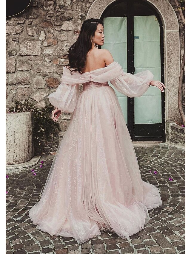 A-Line Prom Dresses Corsets Dress Prom Birthday Sweep / Brush Train Short Sleeve Off Shoulder Tulle with Glitter Pleats Slit main image 1