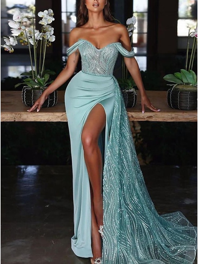  Mermaid Dress Evening Gown Red Green Dress Dress Formal Wedding Guest Court Train Sleeveless Off Shoulder Charmeuse with Ruched Sequin Slit 2024
