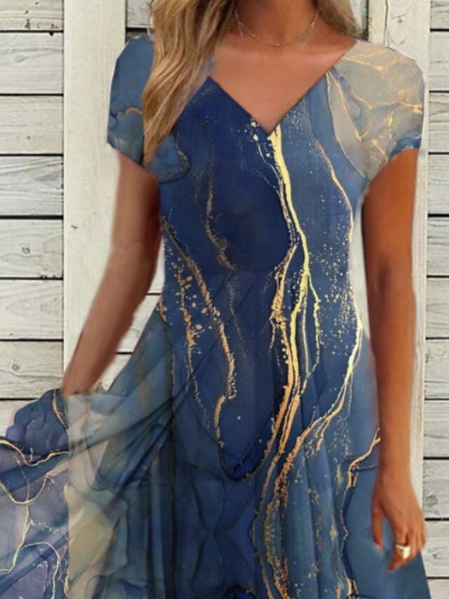 Women's Casual Dress Sundress Abstract Marble Print V Neck Midi Dress ...