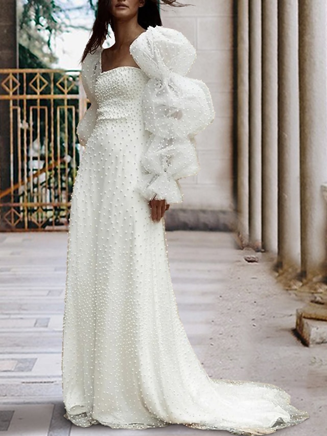 Reception Royal Style Train Satin Simple Wedding Dresses Mermaid Scoop Neck Long Sleeve Sweep Bridal Gowns With Solid Color Summer Wedding Party dress main image 1