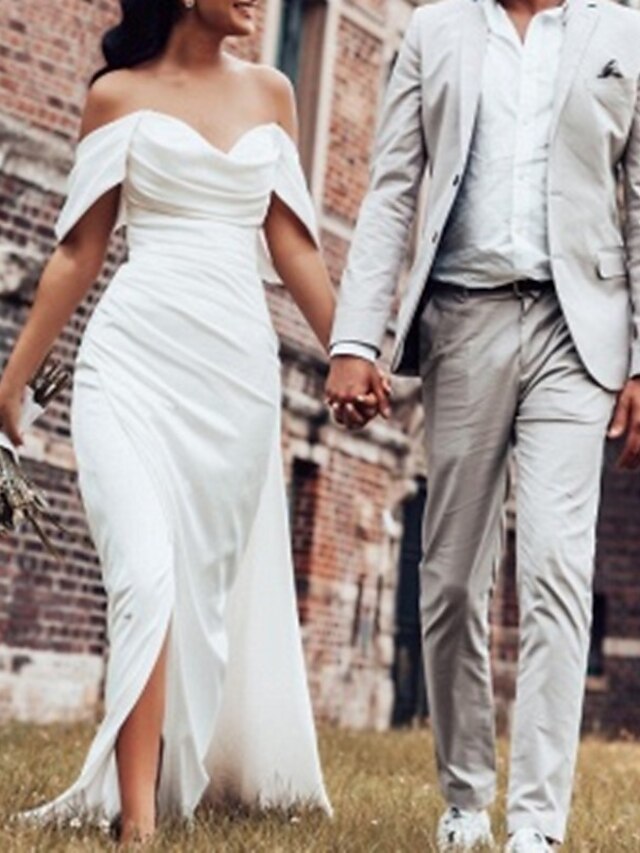Bridal Shower Formal Wedding Dresses A-Line Scoop Neck Sleeveless Asymmetrical Satin Bridal Gowns With Split Front main image 0