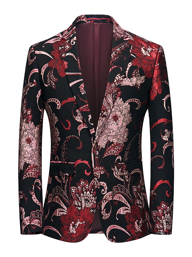  Men's Fashion Retro Party Blazer Regular Regular Fit Floral Single Breasted One-button Black White Pink Red Blue 2024