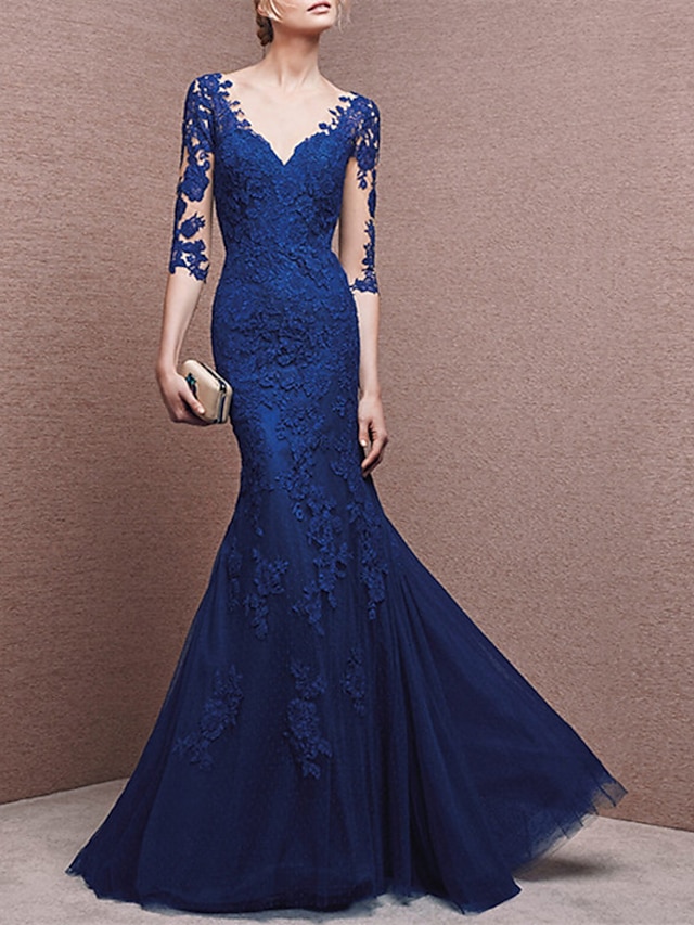  Mermaid / Trumpet Evening Gown Elegant Dress Formal Wedding Guest Floor Length Half Sleeve V Neck Tulle with Buttons Appliques 2024