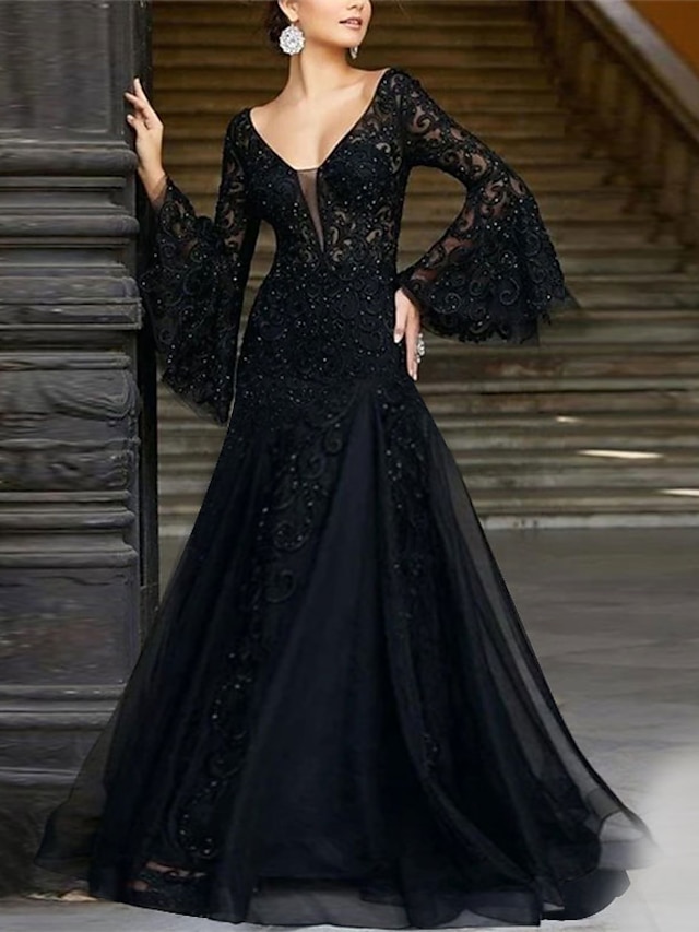  A-Linien-Abendkleid, schwarzes Vintage-Kleid für formelle Hochzeitsgäste, bodenlang, langärmelig, V-Ausschnitt, Spitze mit Applikationen, 2024