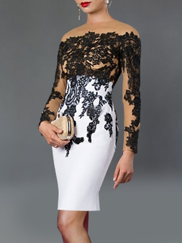  ołówkowa / kolumnowa koktajlowa czarna sukienka elegancka sukienka jesień gość weselny sukienka dla mamy colorblock długość przednia długi rękaw odsłonięte ramiona rozciągliwa tkanina z aplikacjami
