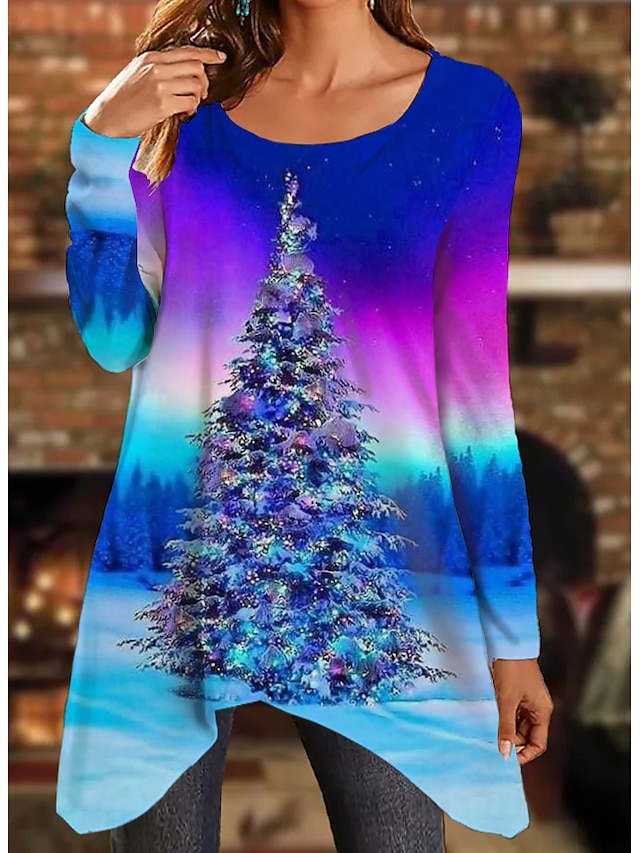  Women's T shirt Tee Blue Christmas Tree Flowing tunic Print Long Sleeve Christmas Weekend Basic Round Neck Long Painting S