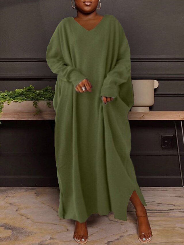 Women‘s Plus Size Casual Dress Caftan Dress Solid Color V Neck Long ...