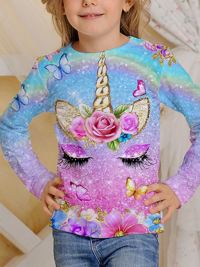  Fete 3D Animal Inorog Tricou Manșon Lung Tipărire 3D Primăvară Toamnă Activ Sport Modă Copii 3-12 ani În aer liber Zilnic Interior Fit regulat