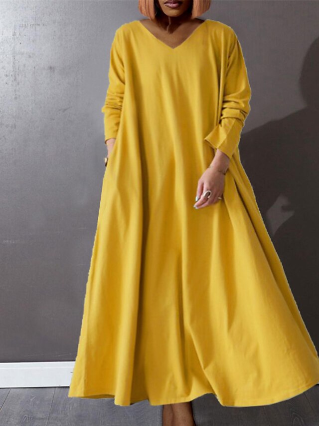 Women‘s Plus Size Curve Casual Dress Pure Color V Neck Long Sleeve