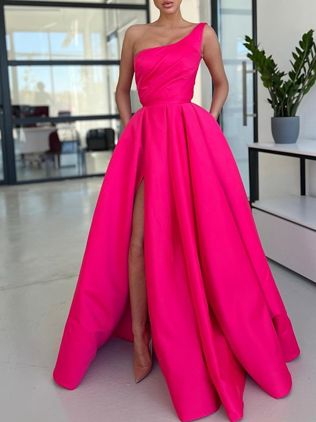  A-Line Prom Dresses Party Dress Formal Wedding Guest Sweep / Brush Train Sleeveless One Shoulder Satin with Ruched Slit 2024