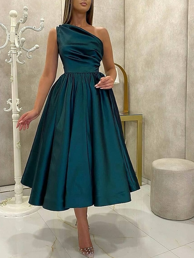  A-Line Cocktail Dresses High Split Dress Prom Birthday Tea Length Sleeveless One Shoulder Fall Wedding Guest Satin with Slit Pure Color 2024