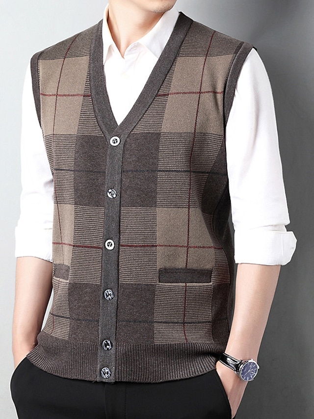 Men's Sweater Vest Ribbed Knit Pocket Knitted Color Block V Neck Modern ...