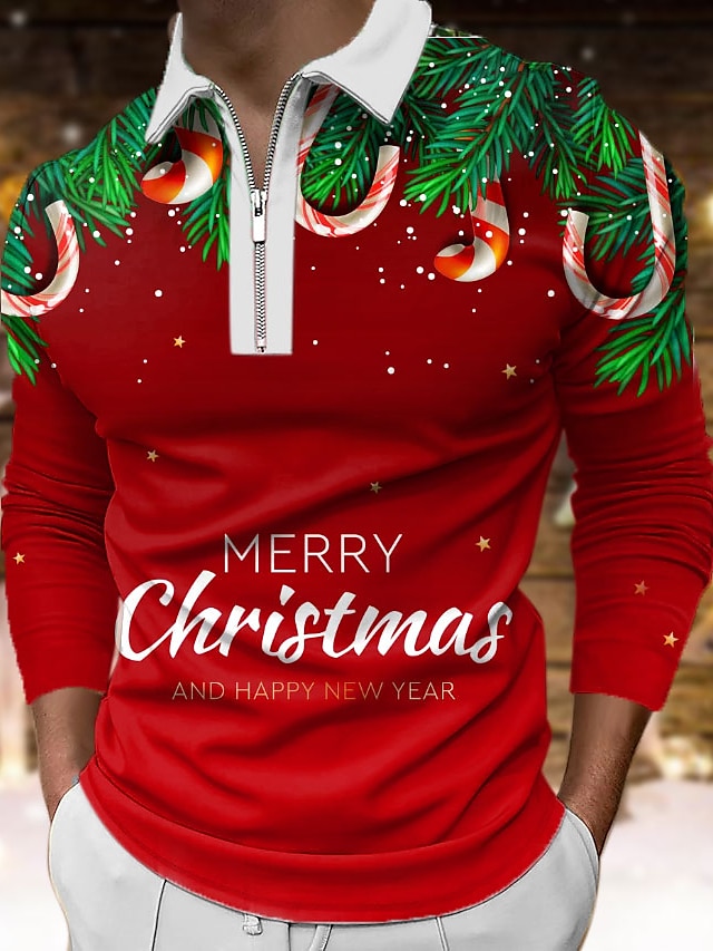  Christmas Men's Funny Christmas 3D Zipper Polo Golf Letter Graphic Prints Turndown White Wine Red Green 3D Print Street Long Sleeve Print Zipper Clothing Apparel Fashion Designer Casual Soft