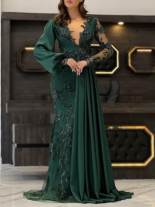  Mermaid / Trumpet Evening Gown Elegant Dress Formal Wedding Guest Floor Length Long Sleeve V Neck Fall Wedding Guest Lace with Appliques Pure Color 2024