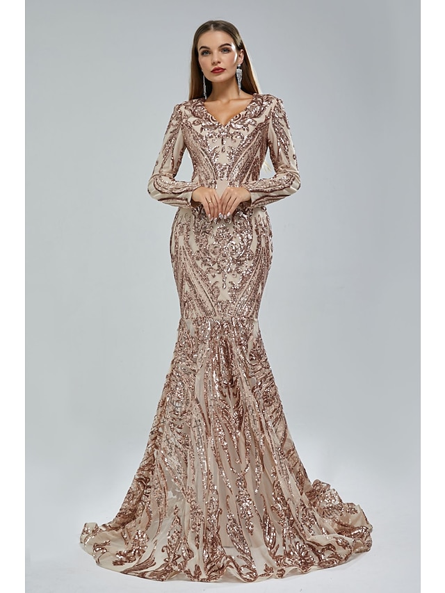  Mermaid / Trumpet Evening Gown Elegant Dress Carnival Formal Court Train Long Sleeve V Neck African American Lace with Sequin 2024