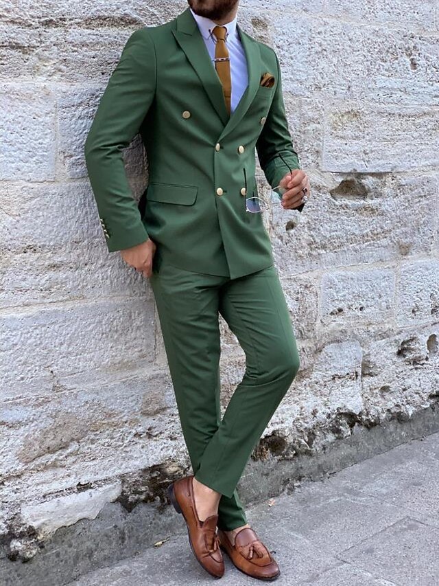 Modest Peak Lapel Slim Fit Men's Suits Dark Green 2 Pieces Solid Color Wedding Suit main image 1