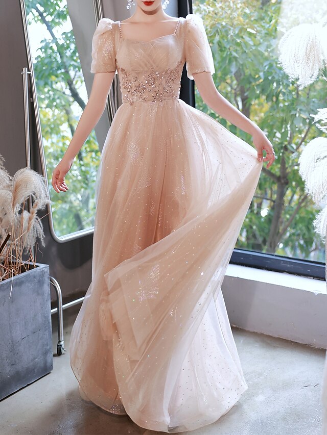 Sequins Applique Translucent Top Ruched Prom Dress Pearl Pink