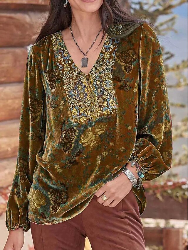  Camisa de mujer, blusa boho, blusa de terciopelo, básica, estampado floral, manga larga, tops regulares, cuello en v, fiesta, año nuevo, amarillo, rojo, morado, gris, primavera, otoño