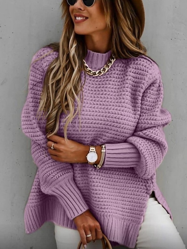 Women's Pullover Sweater Jumper Split Knitted Solid Color Stylish Basic ...