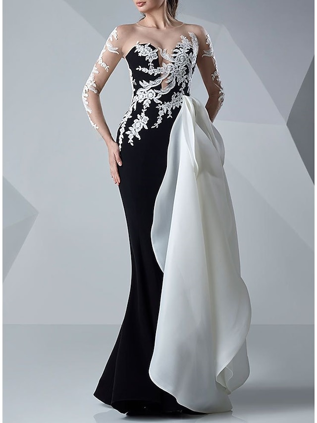  בתולת ים \ חצוצרה שמלות ערב בלוק צבע שמלה רשמי אורחת חתונה עד הריצפה שרוול ארוך עם תכשיטים סאטן עם אפליקציות 2024
