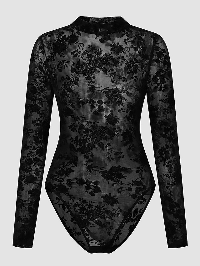  בגדי ריקוד נשים חליפת גוף דפוס רשת צבע אחיד עומד אלגנטית יומי חגים גוף מלא שרוול ארוך שחור S M L קיץ