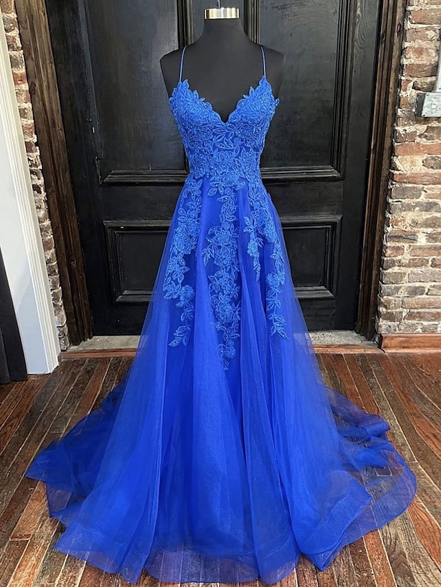  A-Line Prom Dresses Open Back Dress Formal Prom Court Train Sleeveless V Neck Tulle Backless V Back with Beading Appliques 2024