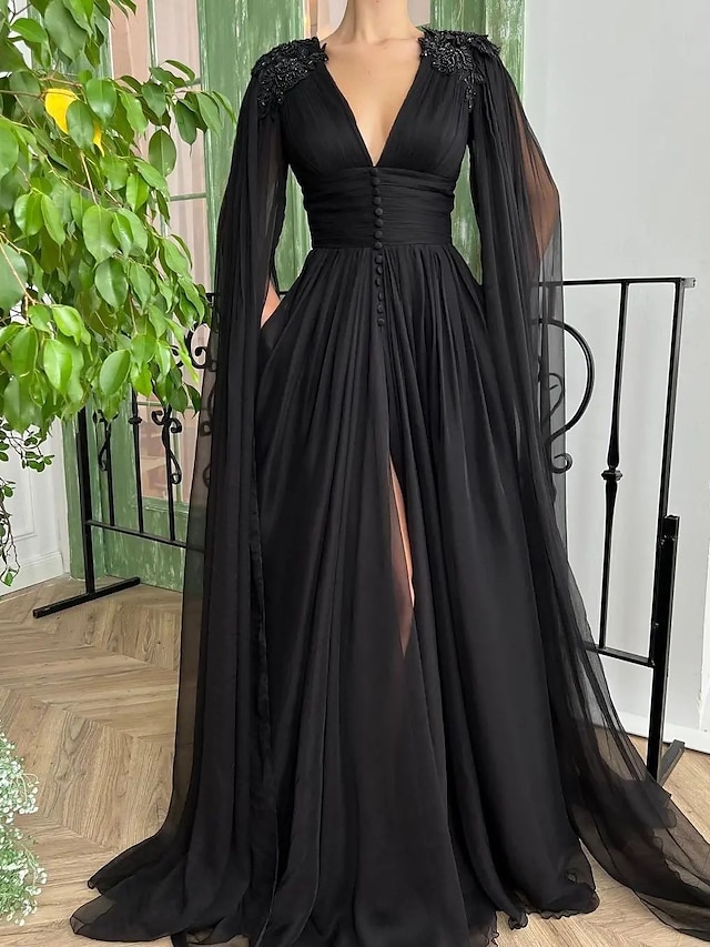  A-Line Evening Gown Black Dress Formal Masquerade Court Train Long Sleeve V Neck Wednesday Addams Family Chiffon with Buttons Slit Appliques 2024