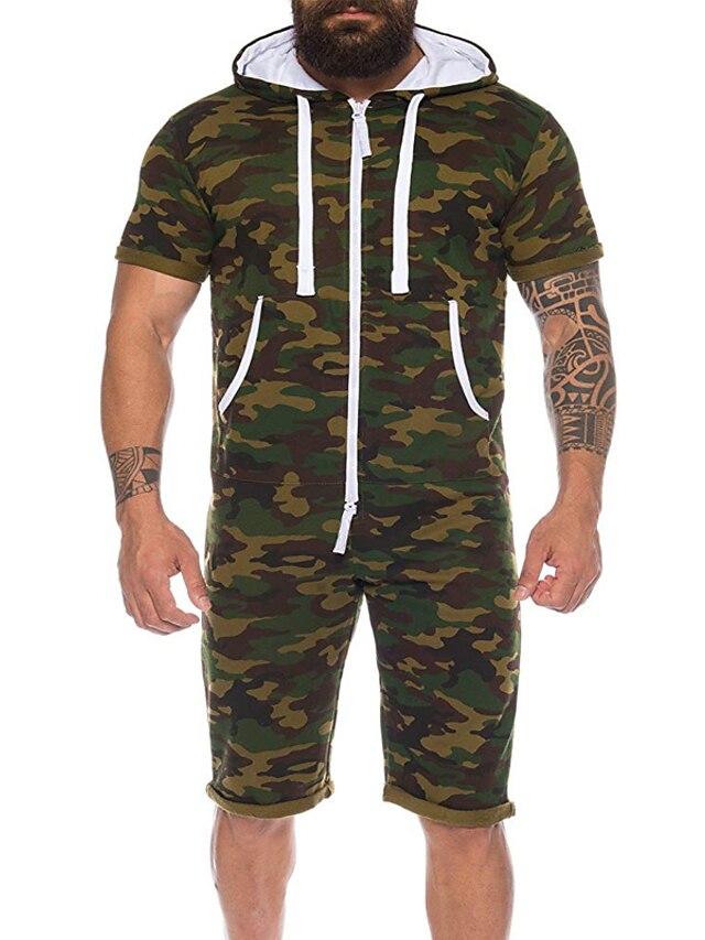  Men's Loungewear Jumpsuit Onesie Pajamas Camo Simple Casual Comfort Home Daily Cotton Comfort Breathable Hoodie Short Sleeve Pocket Summer Army Green Navy Blue