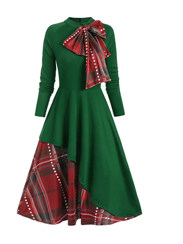  Women's Christmas Swing Dress Plaid Dress Vintage Dress Midi Dress Green Black Wine Long Sleeve Plaid Bow Winter Fall Autumn Stand Collar Fashion Daily Date 2022 S M L XL XXL 3XL