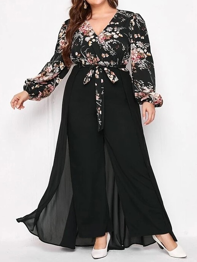  Women's Plus Size Jumpsuit Floral Fashion Modern Vacation Going out Natural Full Length Winter Fall Black L XL XXL 3XL 4XL