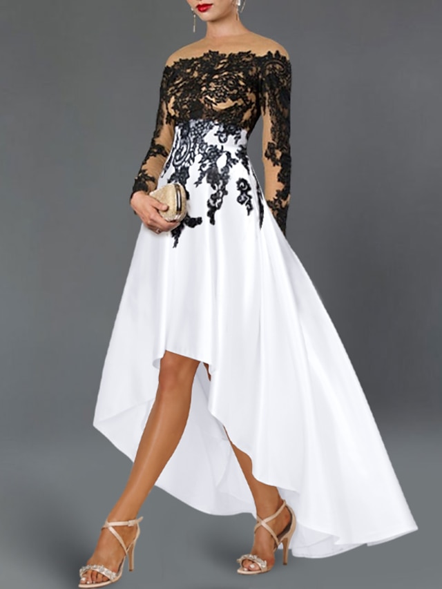  A-Line Cocktail Dresses Elegant Dress Wedding Party Semi Formal Asymmetrical Long Sleeve Off Shoulder Fall Wedding Guest Satin with Beading Embroidery Appliques 2024