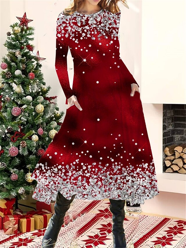 Women's Red Christmas Dress Casual Dress Plaid Snowflake Print Pocket