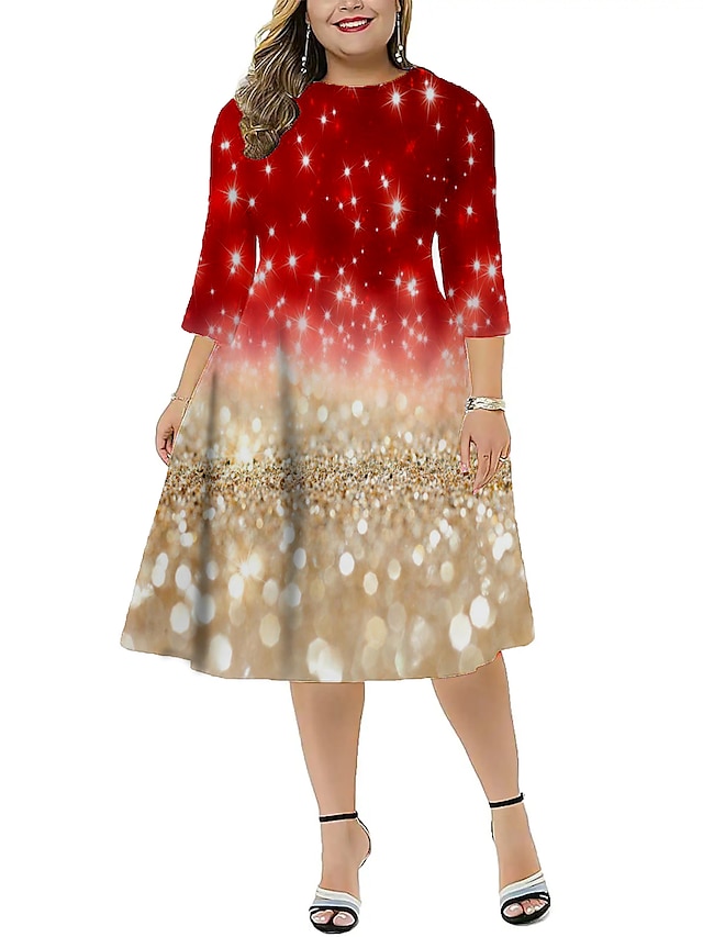  Women's Plus Size Red Christmas Dress Work Dress Santa Claus 3/4 Length Sleeve Winter Fall Midi Dress Christmas Dress Work Dress