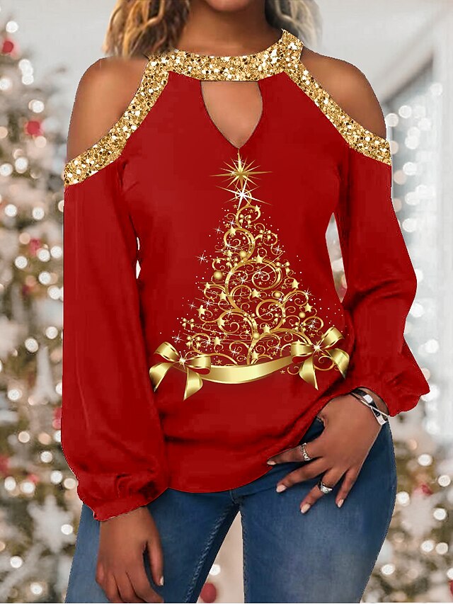  Women's Blouse Shirt Black Blue Red Christmas Tree Cut Out Print Long Sleeve Christmas Streetwear Casual Round Neck Regular S