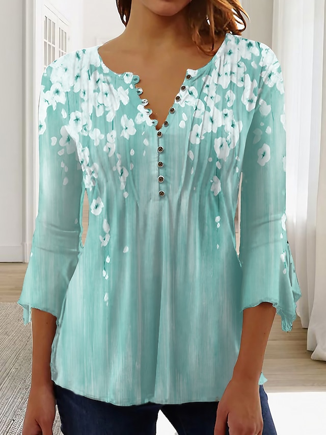 Women's Plus Size Shirt Blouse Blue Green Beige Floral Button Print 3/4 ...