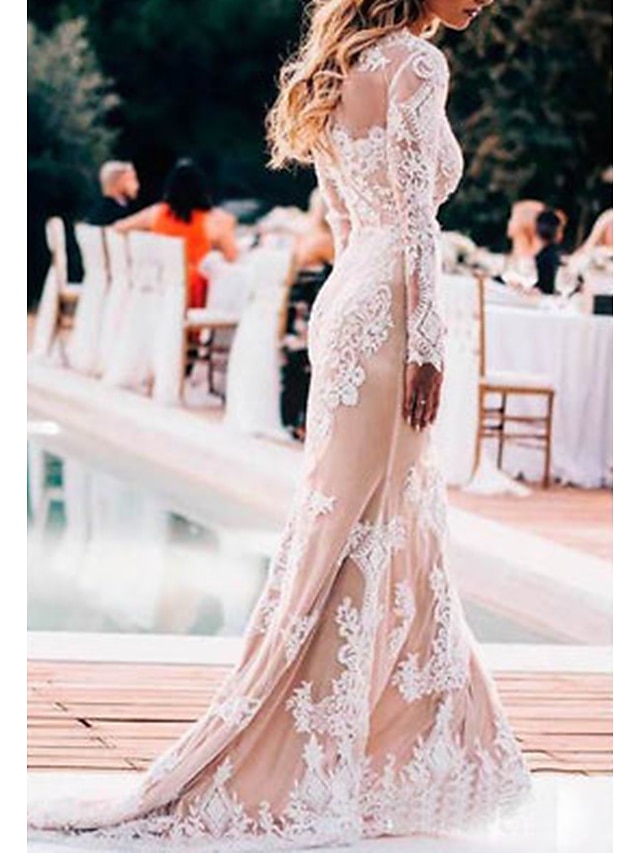  Beach Wedding Dresses in Color Boho Wedding Dresses Mermaid / Trumpet Scoop Neck Long Sleeve Court Train Lace Bridal Gowns With Appliques 2024