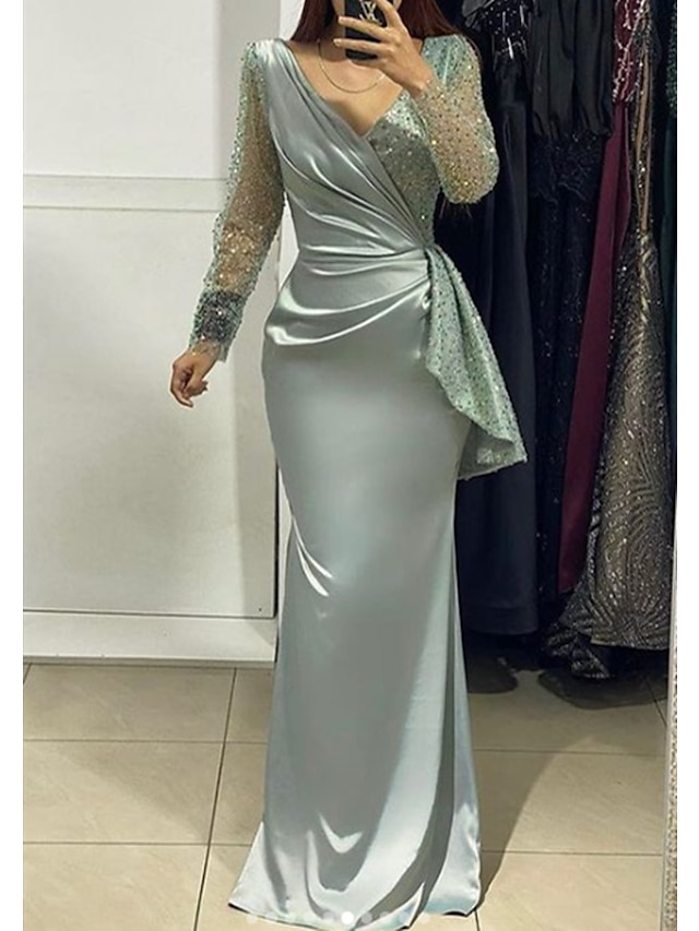  Mermaid / Trumpet Evening Gown Sparkle & Shine Dress Formal Wedding Guest Floor Length Long Sleeve V Neck Fall Wedding Guest Charmeuse with Ruched Pearls 2024