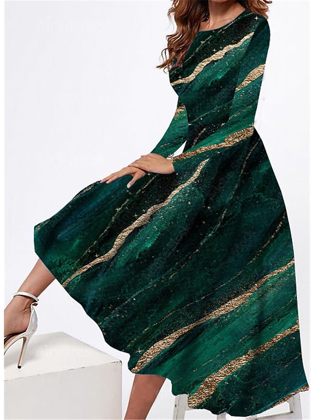  Dames Midi Jurk Casual Jurk Winter Jurk Swing Jurk Mode Bescheiden Formeel Buiten Feest Regulere Pasvorm Kleur Gradiënt Marmer Lange Mouw Crew Neck Groene Lente Herfst Winter