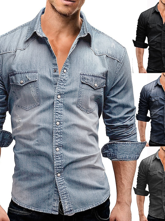  Men's Denim Shirt Light Grey Dark Gray Light Blue Long Sleeve Solid Colored Turndown Casual Daily Button-Down Clothing Apparel Fashion Casual Breathable Comfortable